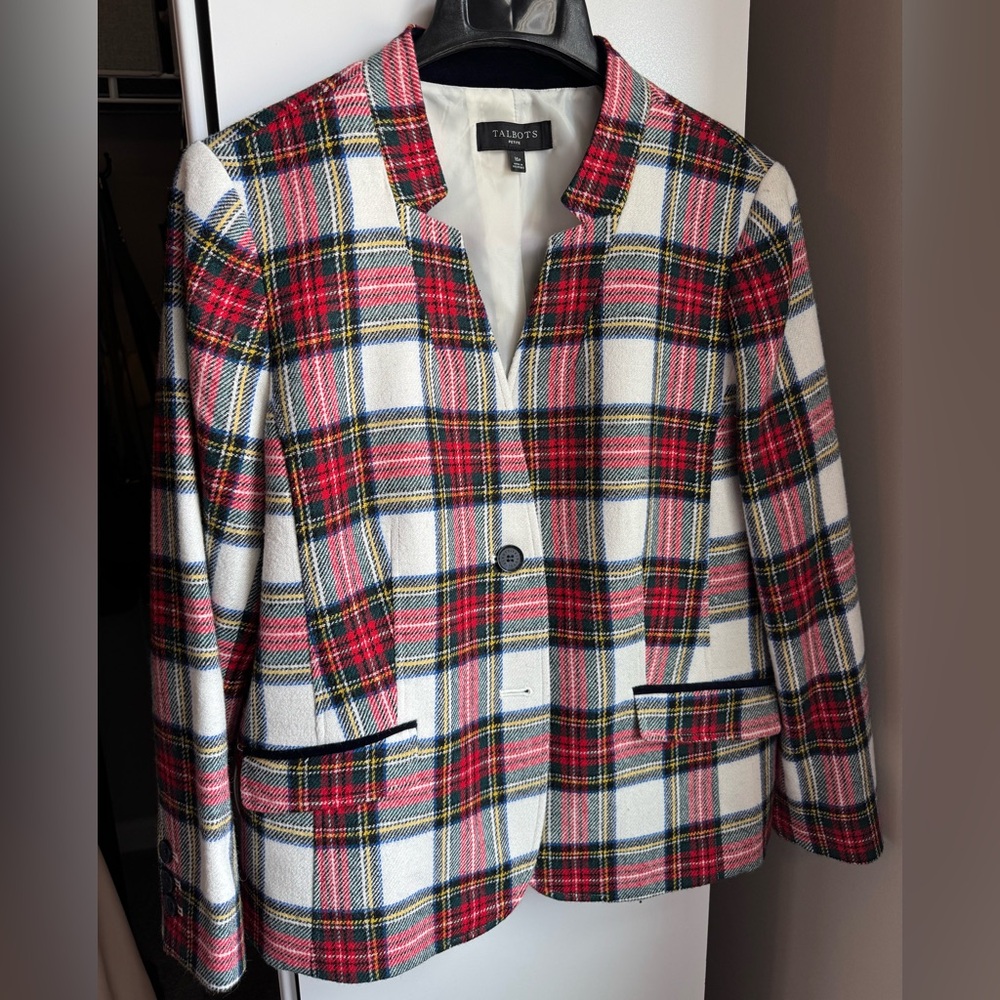 Talbots Red White Plaid Collarless Blazer